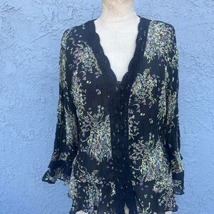Y2k Faircyore Blouse Womens Large Black floral ruffles whimsygoth